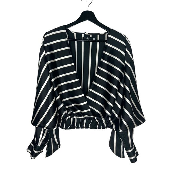Missguided Black White Stripe Satin Long Sleeve Front Tie Top 10 - Picture 2 of 12
